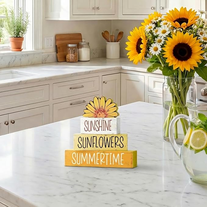Smile 4 Pcs Summer Indoor Wooden Decor, Sunshine Sunflower Summertime Tiered Tray Farmhouse Table Decoration for Home and Office