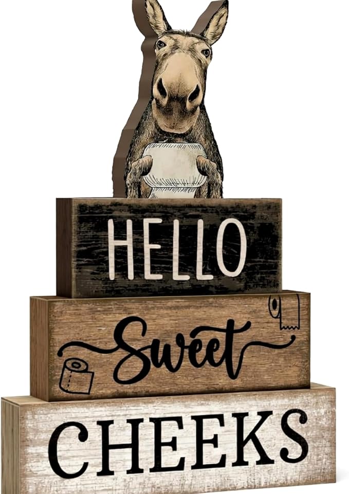 Moucuny 4 Pcs Donkey Bathroom Decor Set Farmhouse Bathroom Decor and Accessories Rustic Hello Sweet Cheeks Wooden Blocks Signs Funny Donkey Toilet Shelf Decoration for Home Office Half Bath