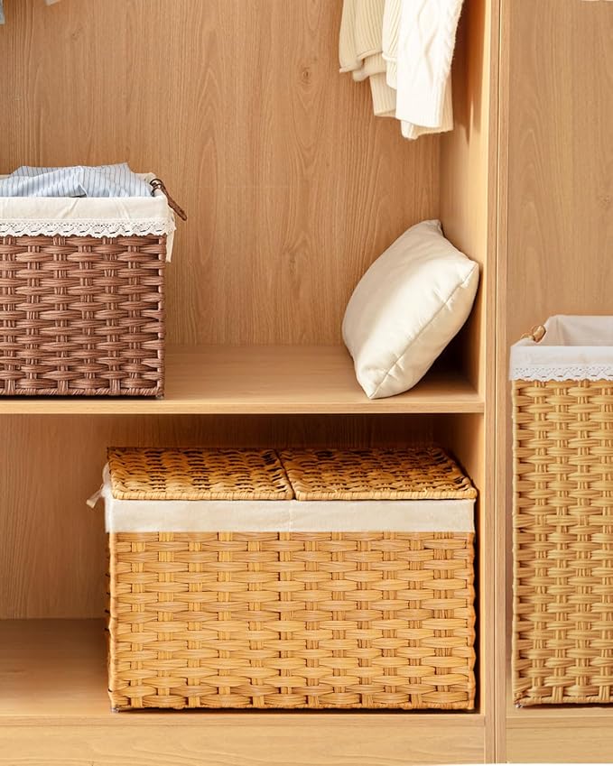 SETVSON Storage Basket with Lid Rattan Storage Basket with 2 Separate Lid, 27.8 Gallon (105 L) 25.2 * 15.4 * 16.1 Inches Woven Wicker Baskets with 2 Liners and Handles for Bedroom Laundry-Natural