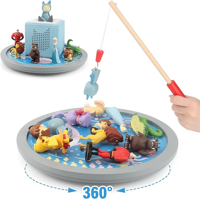 360° Round Turntable for Tonies Figures Storage, Fun Fishing Game with Magnetic Hook to “Catch” for Tonies Characters, Ocean Theme Wooden Organizer Storage Shelf Display for Toniebox 1/2