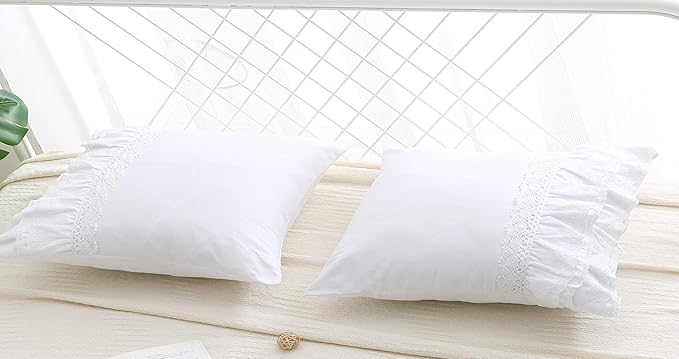 2-Pack Lace Pillow Shams Cases Covers with Ruffles Bright White Egypt Cotton Standard Size 20"X26" Luxury Elegant Twin Size