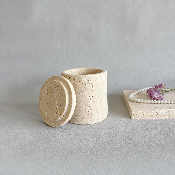 Natural Marble Stone Travertine Jar Container Storage Box Cup with Lid (Beige Travertine)
