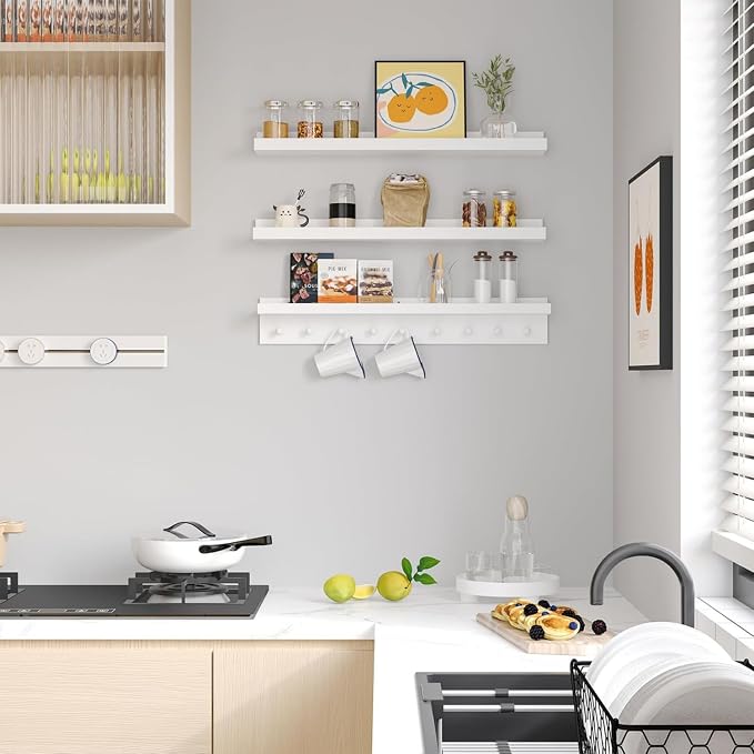 MBYD Solid Wood White Nursery Book Shelves for Kids Room, 36 Inch Wall Shelf with Hooks & Floating Shelf with Pegs, Picture Ledge to Organize Books, Baby Essentials, Declutter Space & Hang Clothes