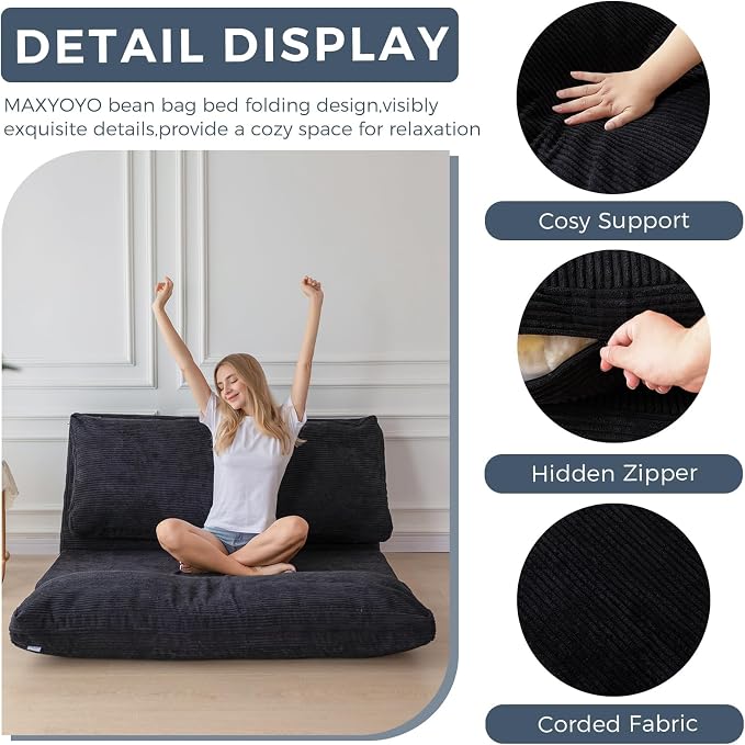 MAXYOYO Folding Sofa Bed, Extra Thick and Long Floor Sofa Convertible Chair with Washable Cover, Floor Couch Lounge Bean Bag Bed for Living Room, Black, 30"x91"