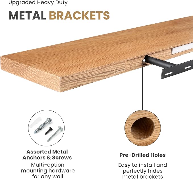 RICHFOCUS Floating Shelves for Wall 72 Inch Solid USA-Sourced Oak Wooden Shelves for Bathroom Kitchen 9" Deep Modern Wood Shelf with Heavy-Duty Bracket for Wall Mounted, Natural Finish