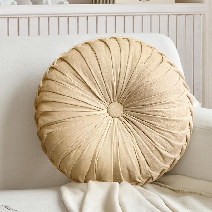 Teieas Round Throw Pillow Velvet Home Decoration Pleated Round Pillow Cushion for Couch Chair Bed Car (Apricot)