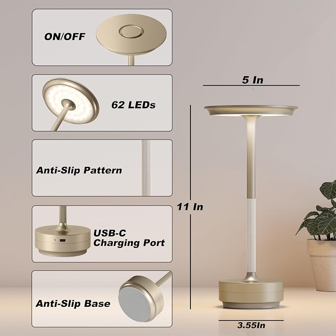 TBBGA 1 Pack Rechargeable Table Lamps Cordless, Portable 5000mAh Outdoor Table Light, 3 Color Stepless Dimming LED Table Lamp with Memory Function, for Home/Dinner/Patio/Restaurant.(Champagne Gold)