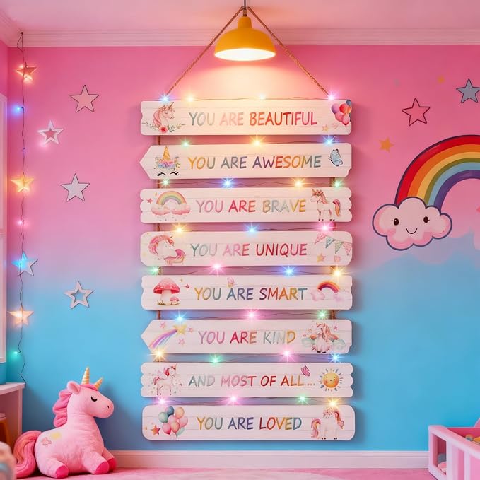 Vintage Classic Unicorn Sign Nursery Wall Decor Set of 8 with LED Lights, 11.4x2 Pink Cute Plaque Wall Art for Baby Girl Kid Teen Toddlers, 8 PCS Positive Wooden Quote Gift for kawaii Fairy Room