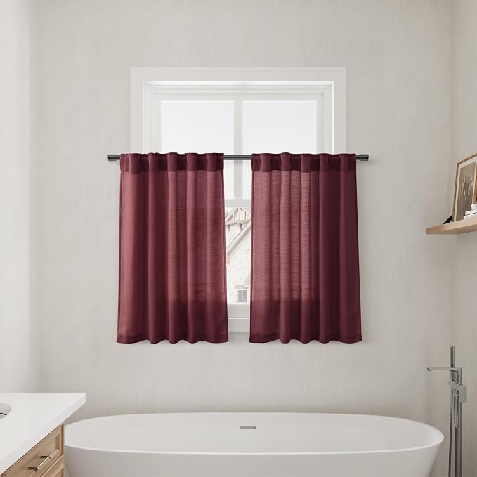 Burgundy Linen Kitchen Curtains 24 Inch Length Cotton Linen Blend Light Filtering Short Tier Curtain with Rod Pocket Back Tab for Small Windows Cafe Retro Bathroom Vintage 2 Panels RV 36Wx24L