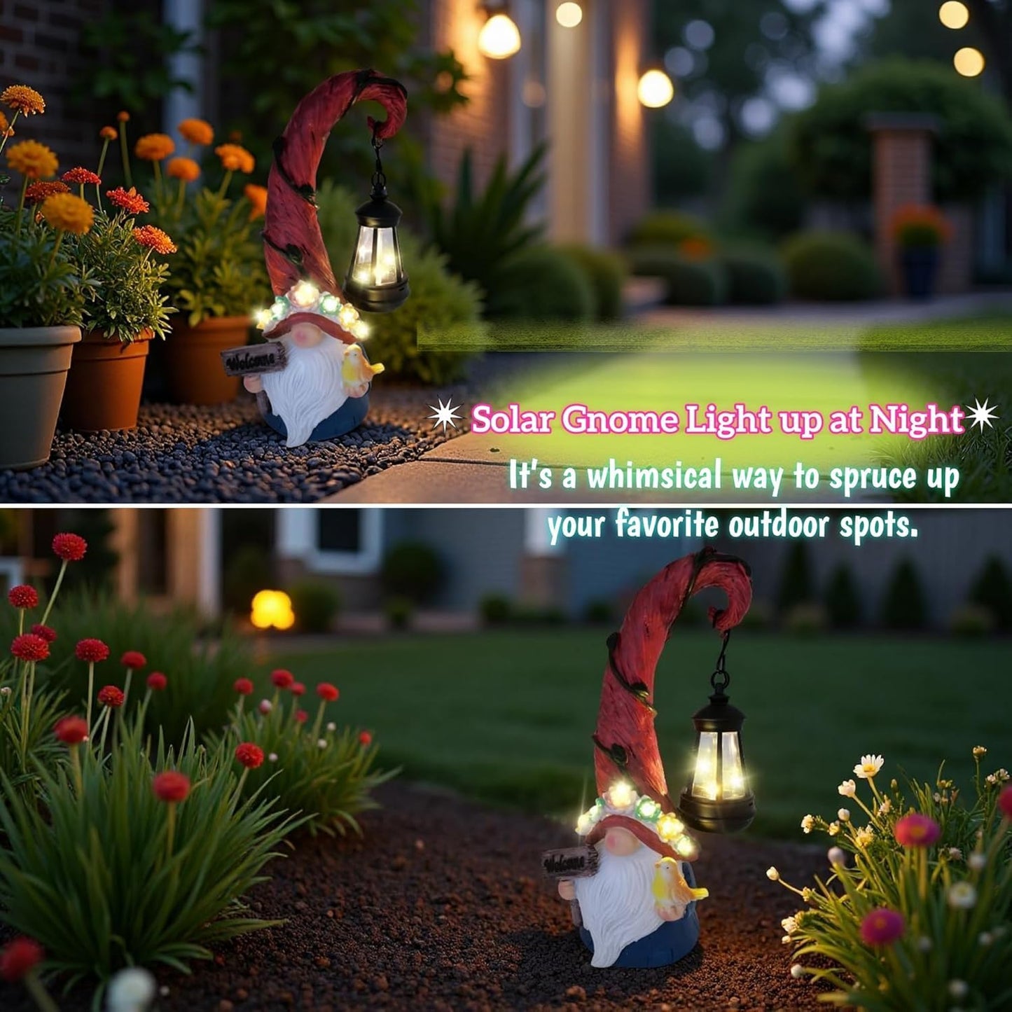 Solar Outdoor Figurine Lights Gnome Garden Decor Statue with LED Flowers & Lantern, Glowing Fairy Yard Decorations for Outside Patio Yard Front Porch, Housewarming Home Decor Gifts Thanksgiving