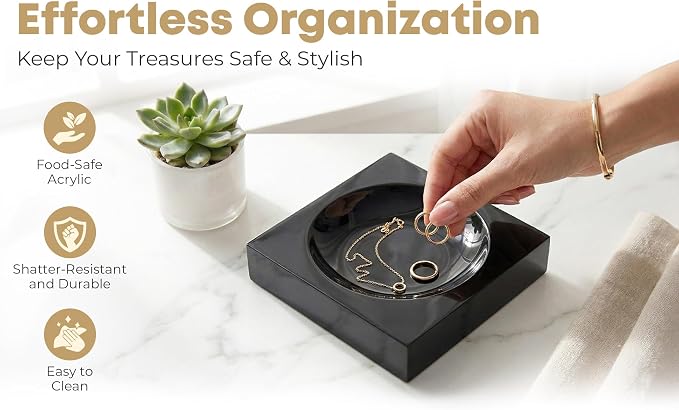 Black Acrylic Catchall Tray - Decorative Jewelry Dish & Vanity Organizer for Keys, Rings, Earrings | Modern Minimalist Home Decor for Dresser, Nightstand, Entryway