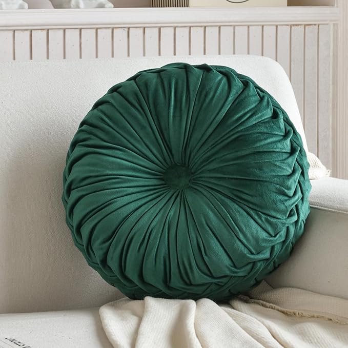 Teieas 2 Pcs Round Throw Pillows Decorative Pumpkin Velvet Boho Pleated Bed Pillows Back Support for Couch Chair Dorm Car 14.96'' (Emerald)