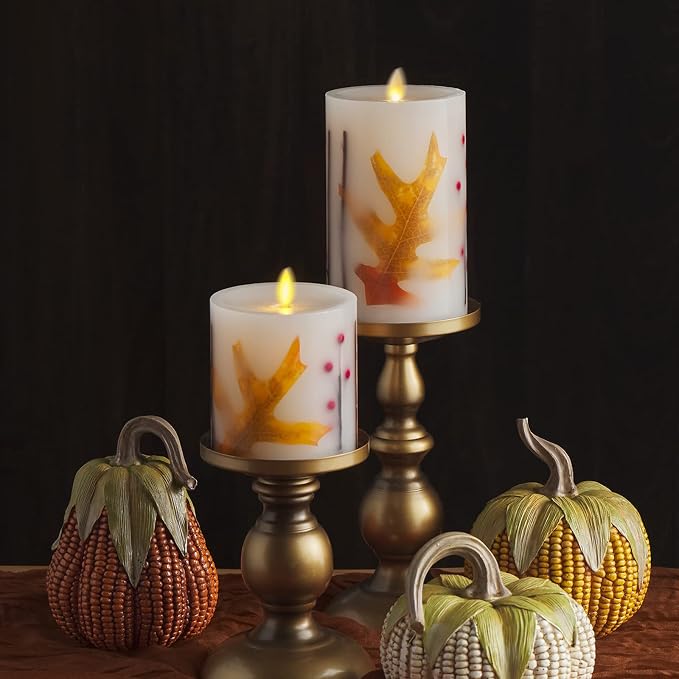 Luminara Embedded Flameless LED Candle - Orange Leaf 3.5" x 6.5" - Moving Flame Pillar, Battery Operated Timer, Real Wax, Unscented, Safe