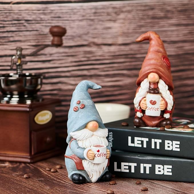 Coffee Gnomes Coffee Table Decor - Coffee Bar Accessories Tabletop Kitchen Office Home Coffee Bar Decor Counter Decor Christmas Valentine Resin Gnome Collectible Figurines For Coffee Lover (2pack)
