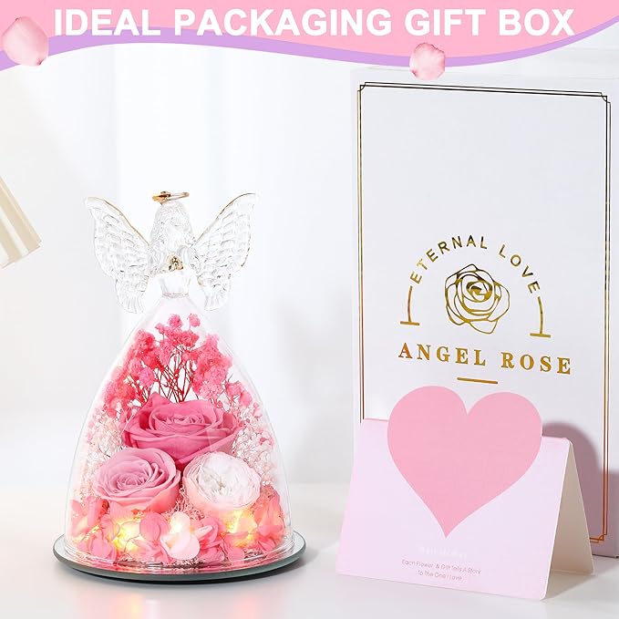 Mothers Day Rose Gifts for Women Preserved Real Flower in Glass Angel Figurines Roses for Delivery Prime Birthday Gifts for Mom Grandma Girlfriend Wife Her,Pink Austin Roses