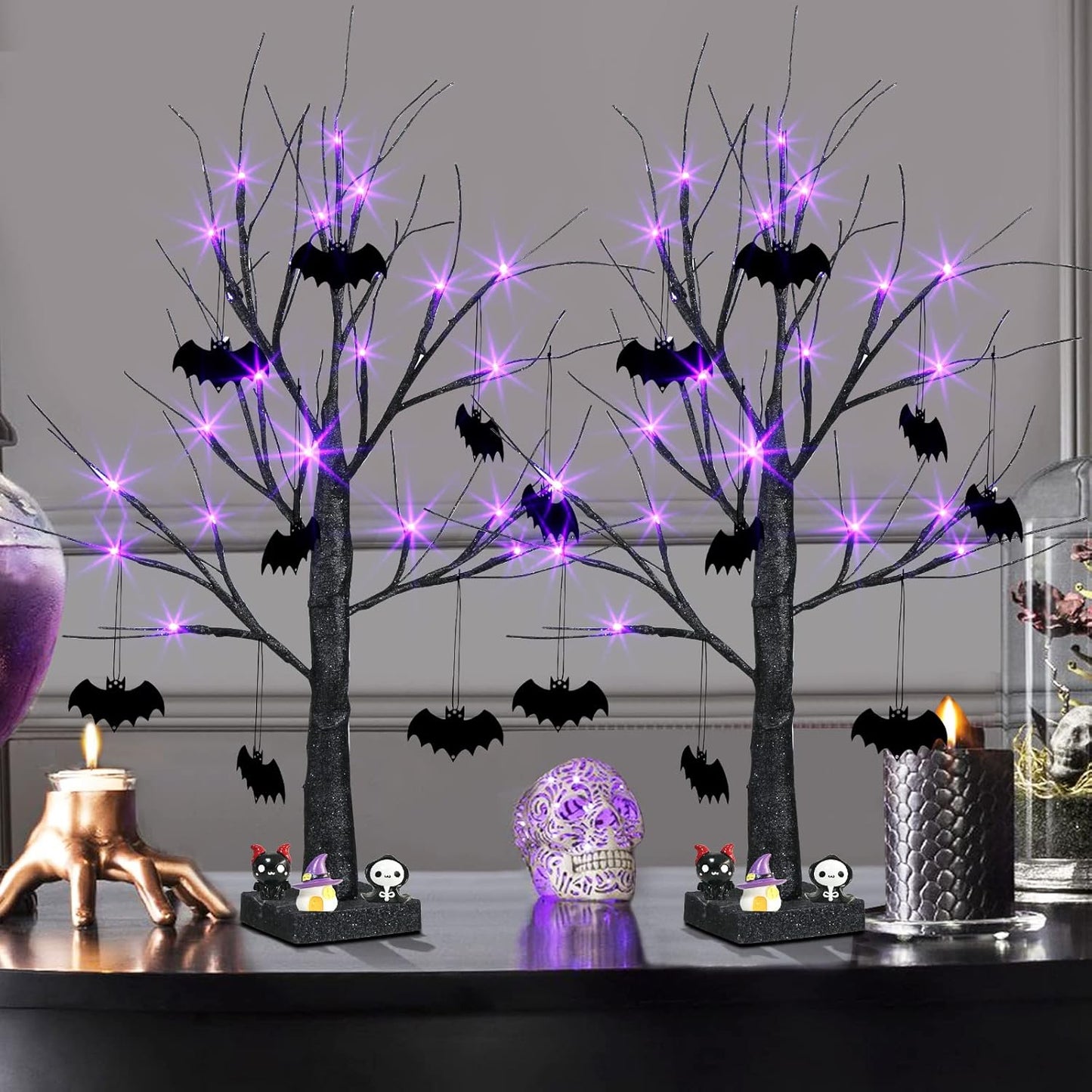 EAMBRITE Halloween Tree, Black Halloween Decorations Indoor, 2FT Spooky Tabletop Trees Battery Operated with 24LED Purple Lights 8 Bat Ornaments, Centerpieces for Tables, Home, Room(2 Pack)
