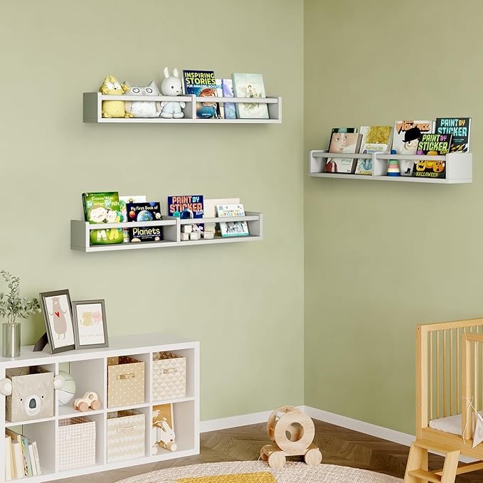 Fixwal Nursery Bookshelves, 32in Floating Bookshelves for Wall Set of 3, Wood Wall Mounted Floating Shelves for Baby Nursery Decor, Toys and Decor Storage (White)