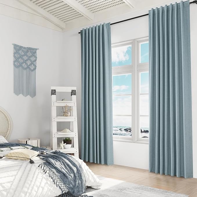 Guken Blue 100% Blackout Curtains 92 Inch Length 2 Panels Set for Living Room Bedroom Back Tab Thermal Insulated Black Out Linen Drapes Room Darkening Window Curtains 92 Inches Long Dusty Blue