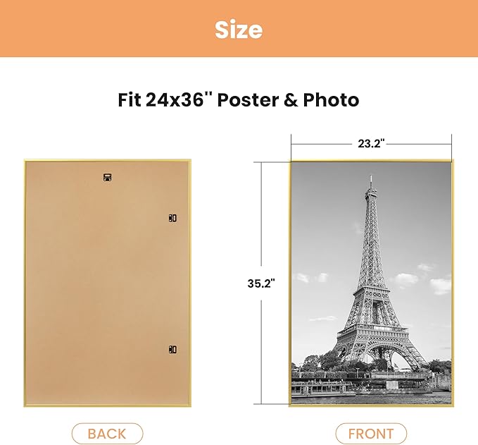upsimples 24x36 Poster Frame Gold 3 Pack, Scratch-Proof Picture Frames 24 x 36 for Photo Gallery - Slide-In Strips, Horizontal or Vertical Wall Mounting