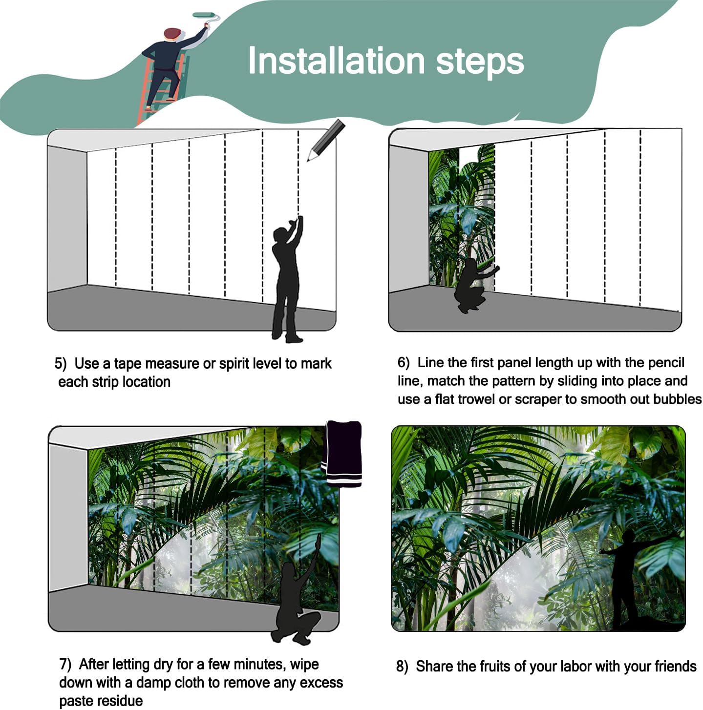 -Rainforest Leaves Fabric Wallpaper Green Trees Mural Bedroom 180" x 115" (Not Peel and Stick)