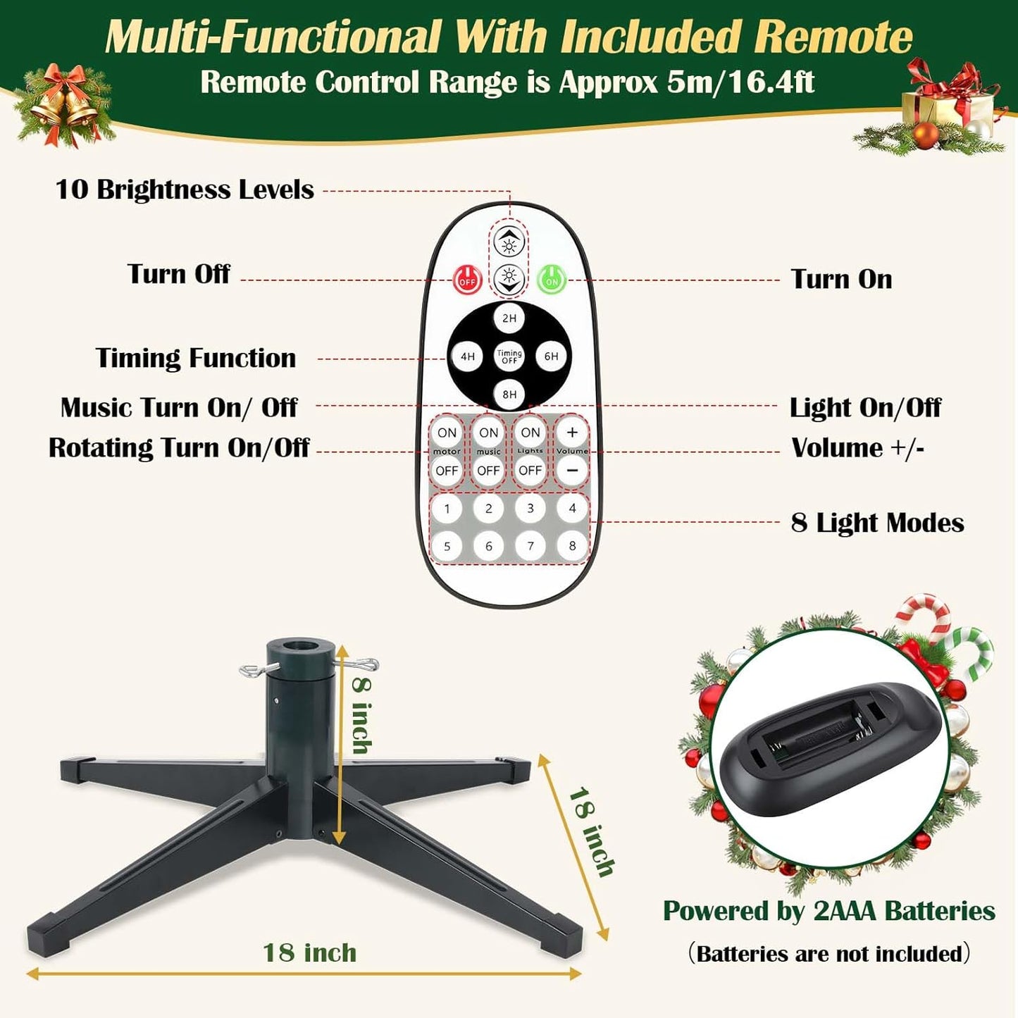 6.5FT Pre-Lit Christmas Tree with Remote Control, Multi-Color LED Lights, Musical Rotating Christmas Tree Stand, Easy Assembly in 3 Sections, Foldable Metal Stand for Home Holiday Decor