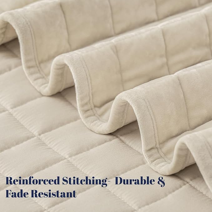PHF Luxurious Velvet Quilt Set Queen Size – 3PCS Super Soft Quilted Comforter Alternative with Square-Box Quilt Pattern, Warm Quilted Bedspread Coverlet, 90" x 92", Sand