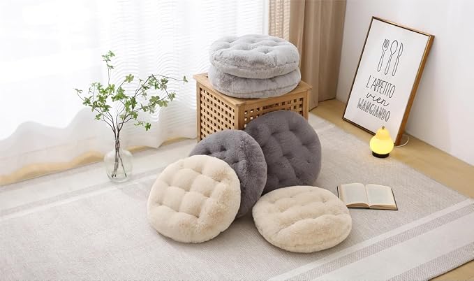 Large Floor Pillow Meditation Cushion Round Floor Cushions for Adults,Luxury Faux Fur Thick Floor Pillows for Sitting Put in Living Room Balcony Outdoor Tatami(Beige)