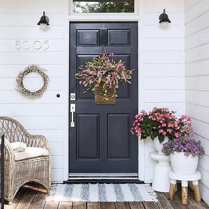 2026 Cream Hydrangea Door Hanger Basket Wreath, Spring Summer Wreaths for Front Door Wildflowers Front Door Basket Wreath Artificial Flower Hanging Basket for Home Farmhouse Seasonal Decor (C)