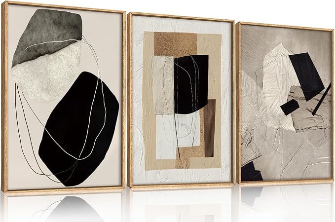 DRACIT Large Abstract Neutral Framed Canvas Wall Art Set,Modern Beige Black Artwork for Walls,Minimalist Block Wall Decor for Living Room, Bedroom,Office-24 x36 x3