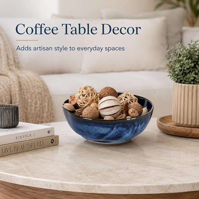 Blue Ceramic Bowl, 9.5in Large Fruit Decorative Bowl for Coffee Table Decor