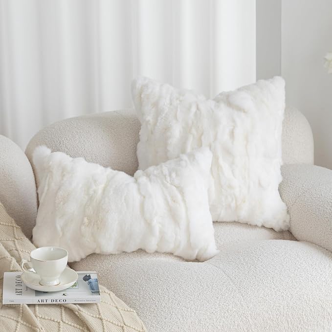 Genuine Rabbit Fur Throw Pillow Covers Set of 2,Luxury Decorative Pillowcases Soft Fluffy Animal Skin Accents Square Cushion Cover for Couch Sofa Bedroom Living Room Home,18x18 inch,White