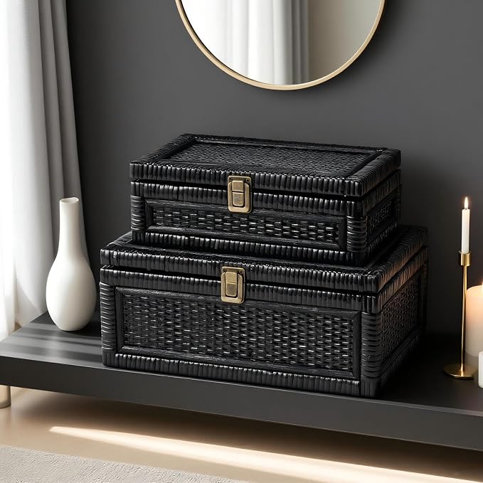 Rattan Box with Lid Decorative Natural Handmade Boho Rattan Baskets Woven Wicker Cane Bins Keepsake Memory Jewelry Boxes Rectangular Desk Shelf Closet Organizer Container (Black, Small)
