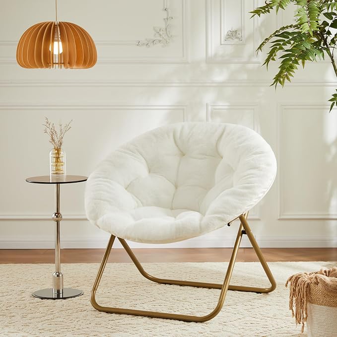 DUMOS Comfy Saucer Chair, Faux Fur Lounge Seasting XL Circle Chair for Bedroom, Dorm & Gaming, Foldable Fashion Accent Seat for Small Spaces, Folding Moon/Mushroom/Round Oversized Style,White