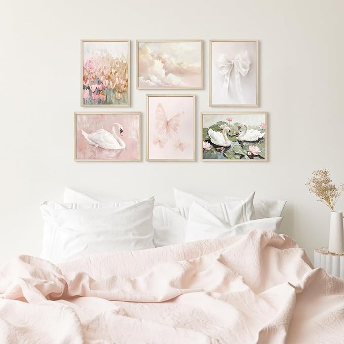 Coquette Pink Wall Art Decor Aesthetic Swan Posters Bow Flower Canvas Wall Art Preppy Cute Pictures Trendy Butterfly Posters Coquette Aesthetic Prints for Girl Dorm Bedroom 8x10x6 Inch Wood Framed