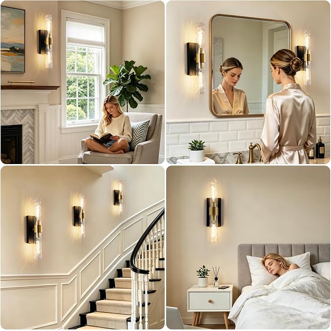 Rechargeable Wall Sconce Set of 2, Battery Operated Wall Sconce, Wireless Wall Lamp with Water Ripples Glass Tube, Non-Hardwired Wall Sconces, Modern Vanity Light Fixtures for Bedroom, Hallway, Aisle