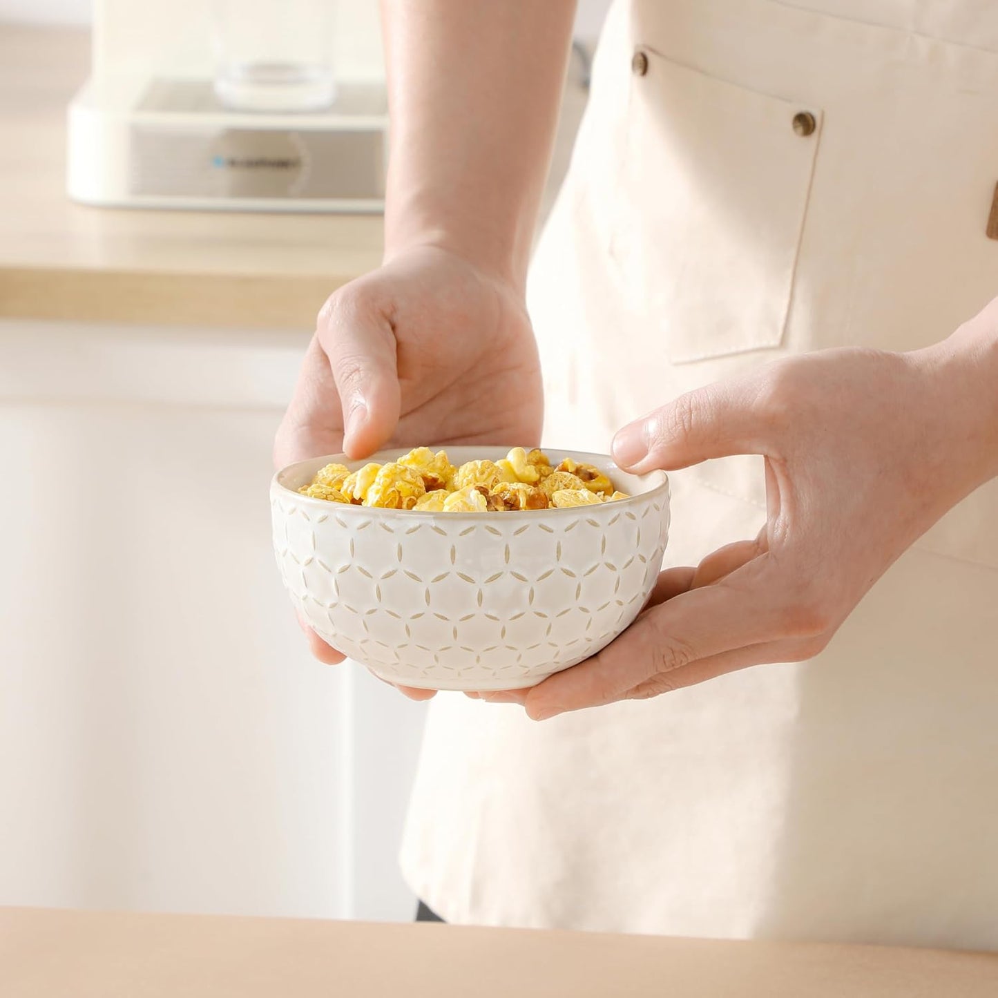 MALACASA Small Bowls, 14 Ounce Ice Cream Bowl, Stoneware Dessert Bowls Set of 4 with Embossment for Snack, Chip, Fruits, Side Dishes - 4.5 Inch, Arctic White Series LYDIA