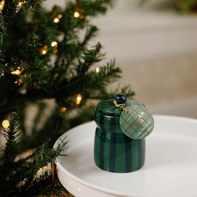 Paddywax Cabana Hand-Painted Scented Candle with Lid in Ceramic Reusable Jar, Clean-Burn Soy Candle, Balsam Fir Scent, Approx. 42 Hour Burn Time, 6.5 oz