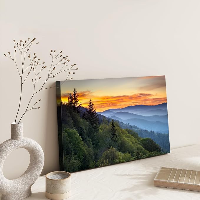 Sunset Mountain Wall Art for Living Room Blue Ridge Mountains Picture National Park Landscape Poster Nature Photo Canvas Prints Trees Forest Painting Framed Artwork Home Office Decorations 12x16”