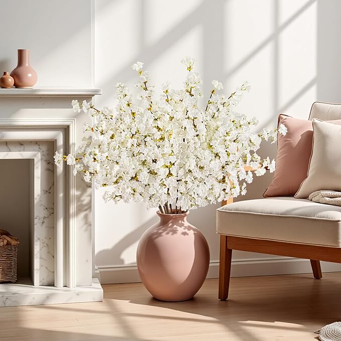 Uieke Silk Cherry Blossom Branches, 39.3in Artificial Cherry Blossom Tree Stems, Fake Plum Blossom Flowers Arrangement for Wedding Home Japanese Decor, Set of 3, White