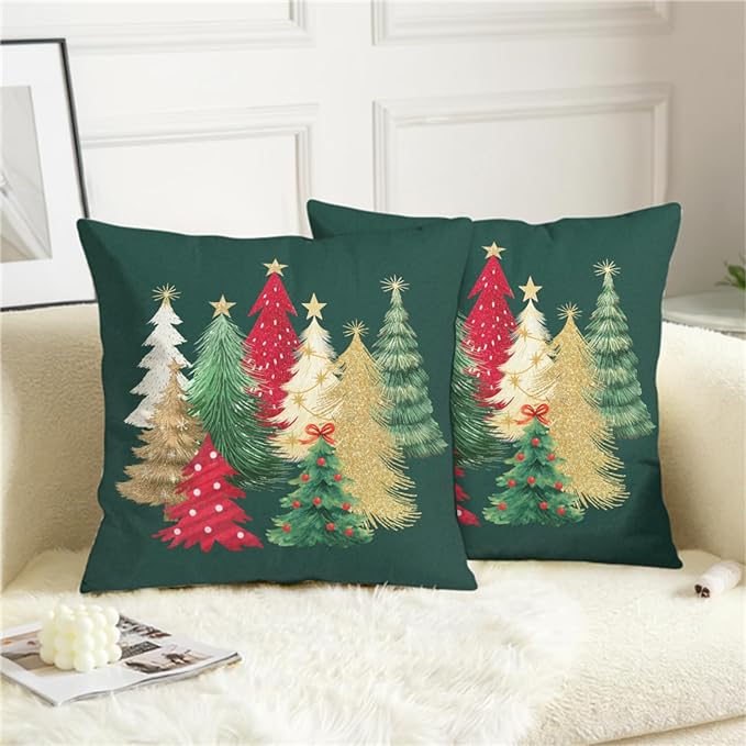 Green Christmas Pillow Covers 16x16 Set of 2 Colorful Xmas Tree Throw Pillow Covers Winter Holiday Decorative Pillowcase Double Sided Printing Cushion Case for Home Decor Sofa Couch
