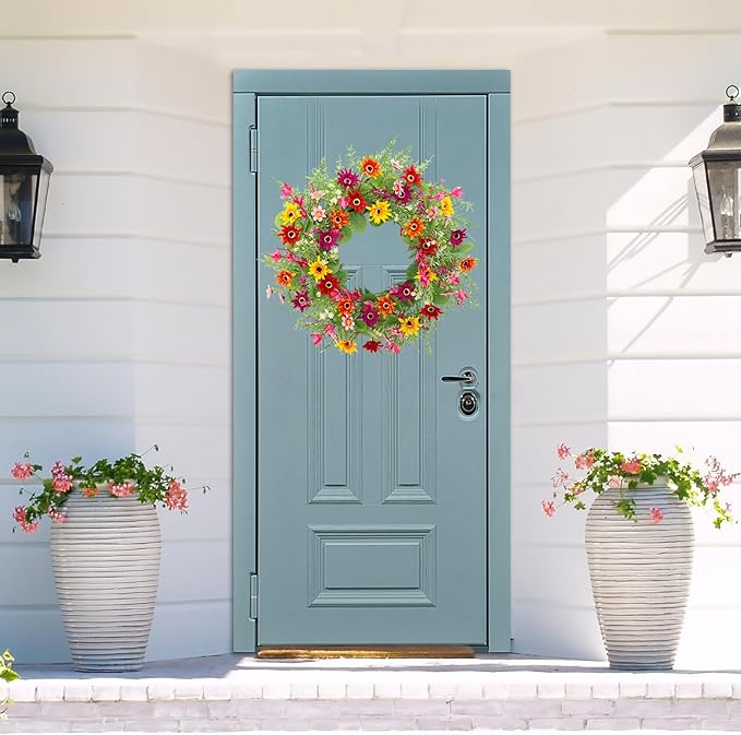 Spring Summer Wreaths for Front Door,22 Inch Artificial Spring Summer Daisy Wreath with Wildflowers,Ferns,Eucalyptus Leaves for Indoor Outdoor Wall Porch Festival Farmhouse Home Holiday Decor.