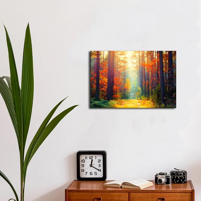 Fall Forest Canvas Wall Art Autumn Tree Scenery Wall Decor for Living Room Bedroom Nature Landscape Pictures Sunshine Orange Maple Leaves Painting Prints Artwork Dining Room Home Decorations 12x16”