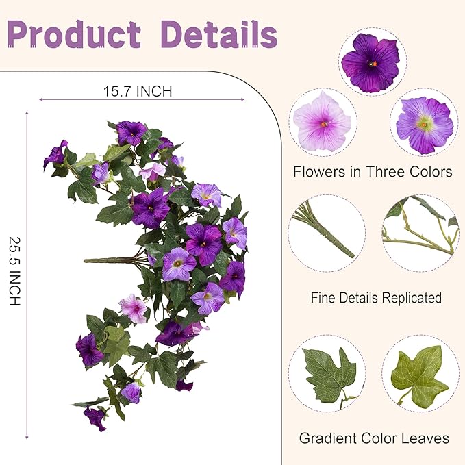 2PCS Artificial Petunia Flowers for Outdoors, Fake Flowers for Outdoor Planters UV Resistant Faux Silk Petunias for Garden Porch Yard Balcony Patio Realistic Home Kitchen Decor(Double Purple)