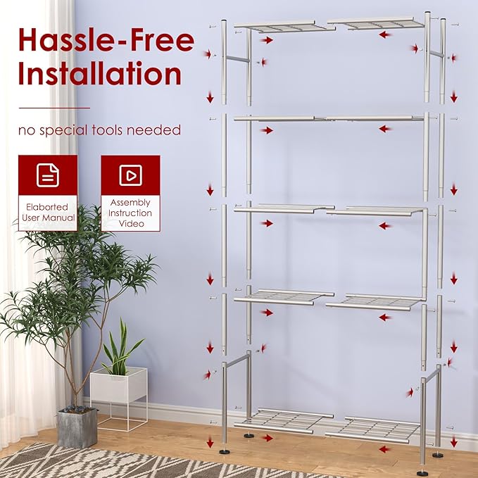 Sakugi Storage Shelves - 5 Tier Shelf Organizer, Sturdy Metal Garage Shelving with Adjustable Leveling Feet, Space-Saving Shelves Organizer for Pantry, Laundry, Kitchen (32" x 12" x 71", Silver)