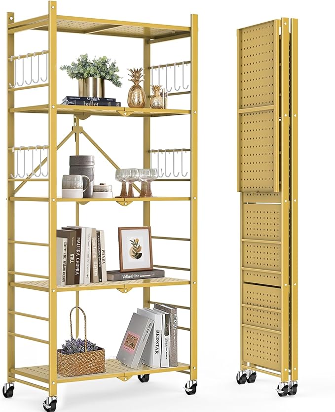 Himix Storage Shelves with 20 Hooks, 5-Tier Foldable Shelves for Storage, Folding Shelf Unit Pantry Shelves with Wheels, Standing Shelving Unit for Kitchen Garage Home Office Room Greenhouse, Gold