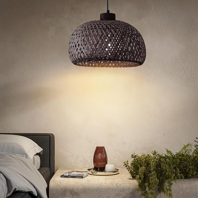 Black 18inch Bamboo Rattan Pendant Light, Hand-Woven Wicker Boho Hanging Ceiling Light Fixture, Pendant Lamp Rustic Farmhouse Chandelier for Kitchen Island, Dining Room, Living Room