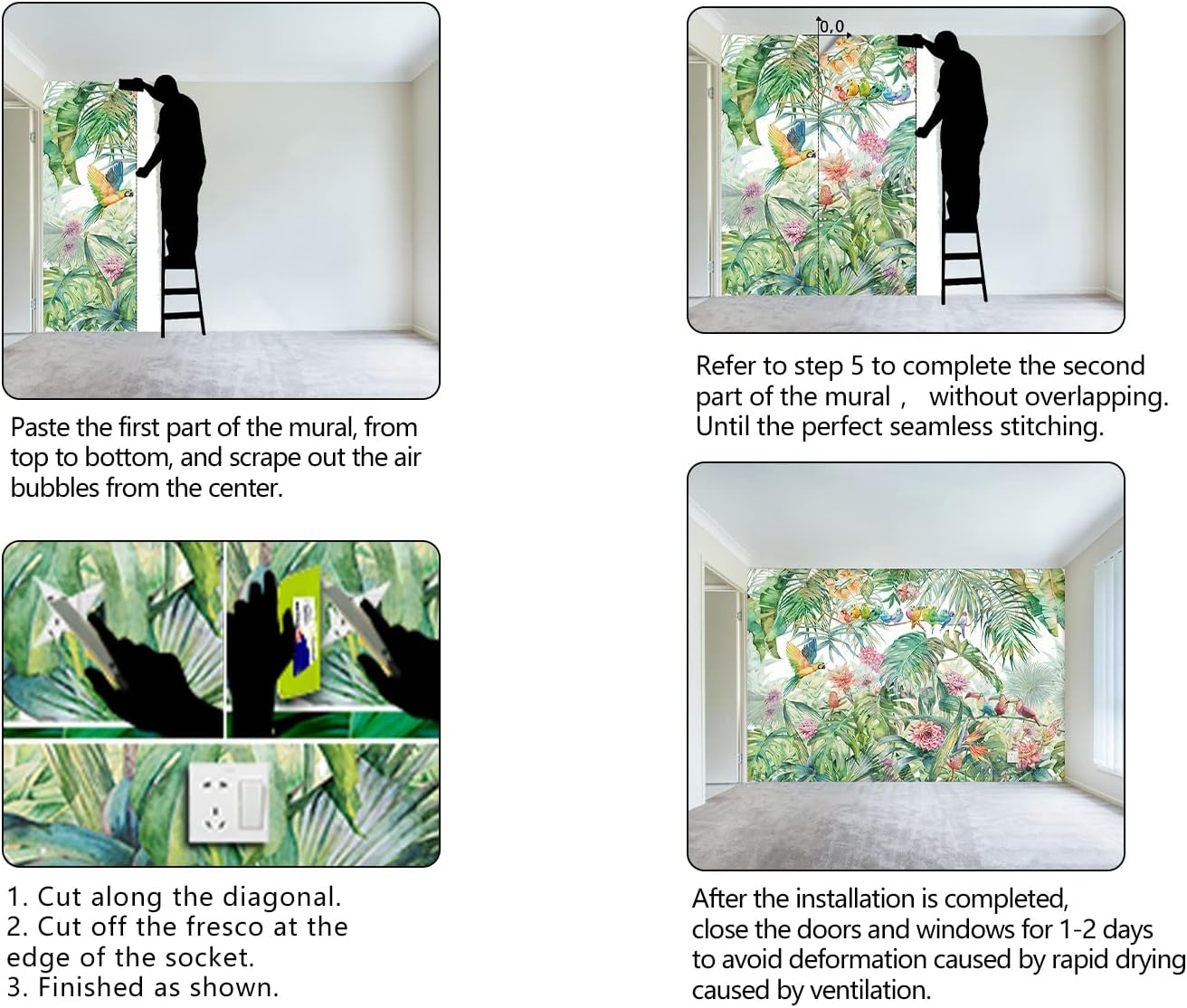 Tropical Green Botanical Flower Birds Leaf Wallpaper Bedroom Plant Floral Mural Room Decor Living Room tv Background Large Wall Mural - 91"x65" (Not Peel and Stick)