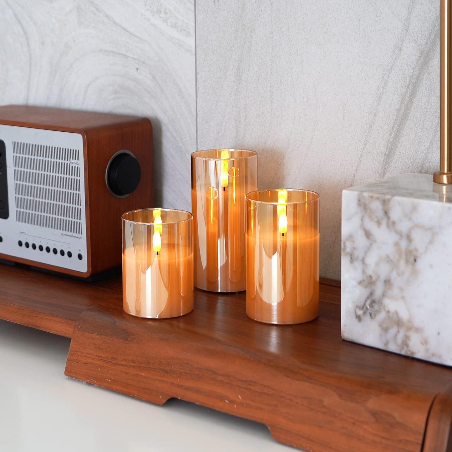 Amagic Gold Glass Flameless Candles Battery Operated with Timer, Remote Control, Flickering LED Fake Pillar Candles for Fall Decoration, Christmas Thanksgiving Decor, Amber, Set of 3