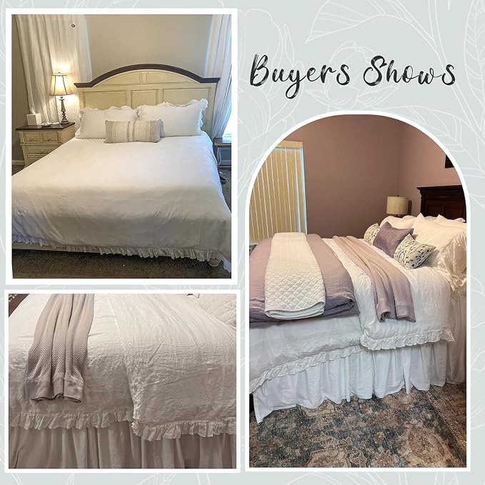 Simple&Opulence 100% Linen Duvet Cover Set, 3 PCS Natural French Flax White Ruffle Duvet Cover Full Size, Breathable Comfy Linen Bedding Comforter Cover with 2 Pillowcases (White, 78" X 86")