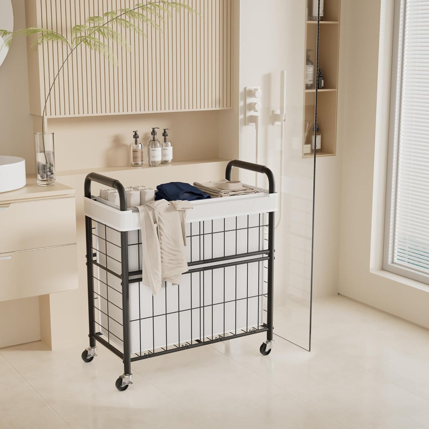 Laundry Hamper 3 Section, 145L Rolling Laundry Sorter Basket with Wheels, 3 Compartment Clothes Organizer Cart, Pull-Out Removable Bags for Laundry Room, Bathroom, Bedroom, White
